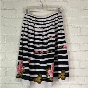 Vintage Floral Pink Roses Black White Stripes High Waist Skirt Size 28 Medium